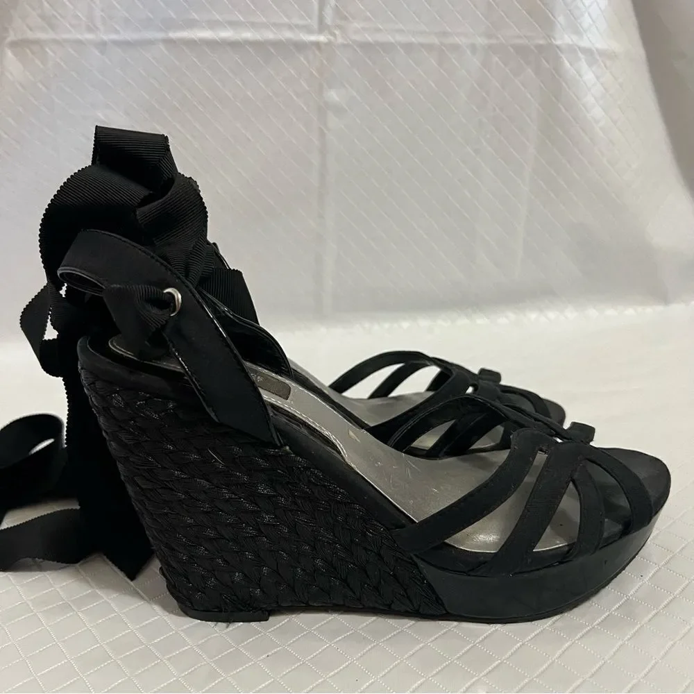 White House Black Market Jenica Lace Up Espadrille Wedge Sandals Black Size 8
